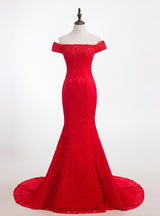 Red Mermaid Lace Off the Shoulder Beading Prom Dress