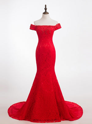 Red Mermaid Lace Off the Shoulder Beading Prom Dress