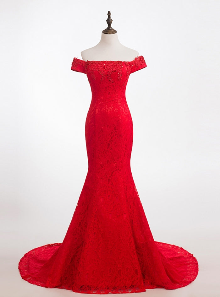 Red Mermaid Lace Off the Shoulder Beading Prom Dress