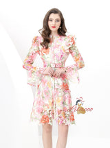 Retro Lace V-neck Long Sleeve Printed Dress