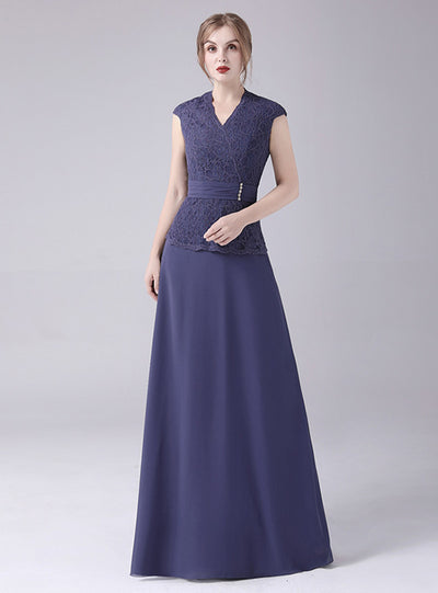 Navy Blue Chiffon Lace Mother Of The Bride Dress