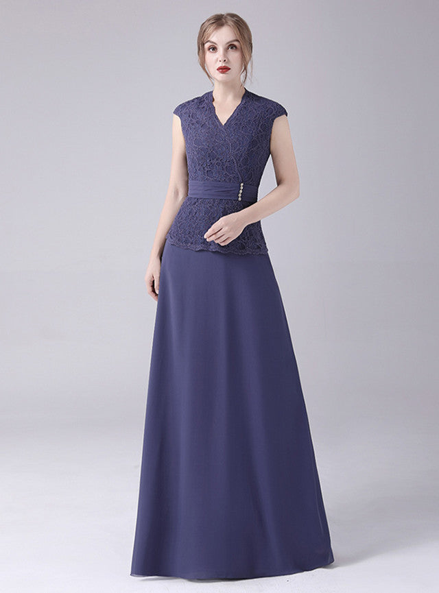 Navy Blue Chiffon Lace Mother Of The Bride Dress