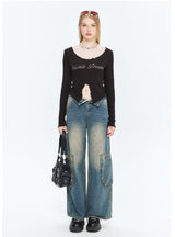 Low Collar Short Long Sleeve T-shirt top