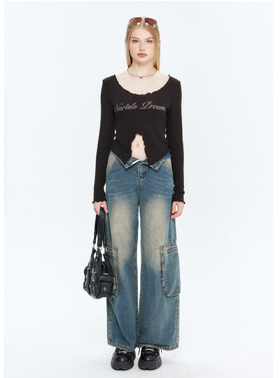 Low Collar Short Long Sleeve T-shirt top