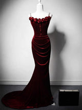 Burgundy Mermaid Velvet Straps Flower Prom Dress