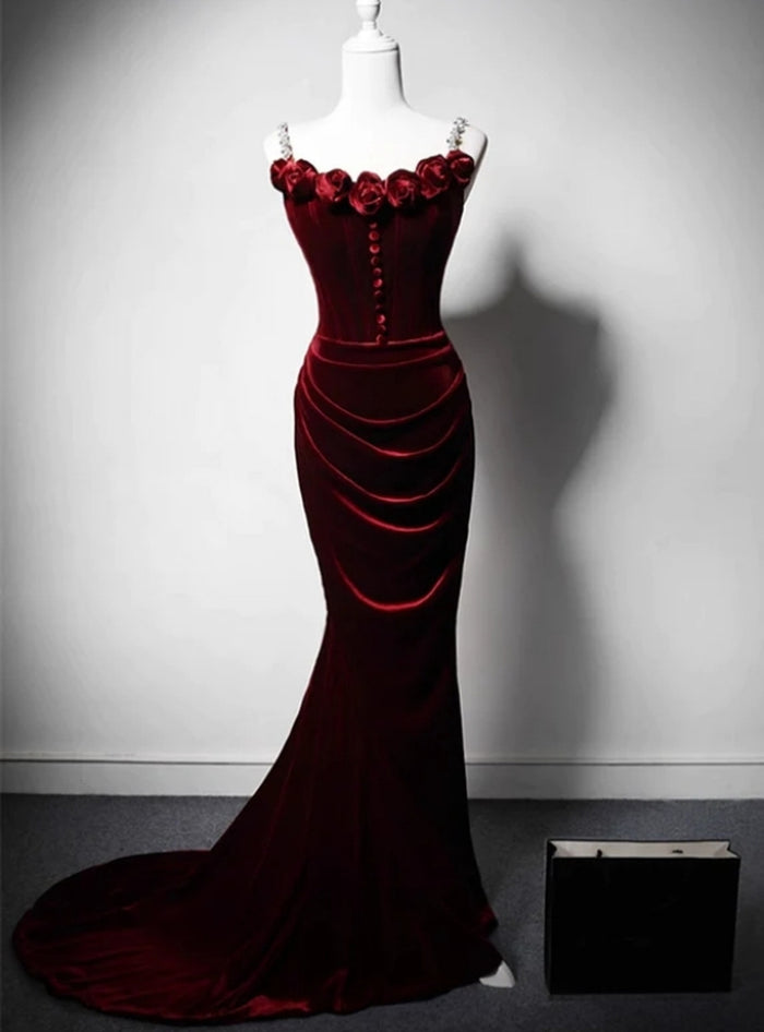 Burgundy Mermaid Velvet Straps Flower Prom Dress