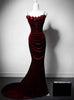Burgundy Mermaid Velvet Straps Flower Prom Dress