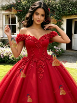 Red Off the Shoulder Appliques Quinceanera Dress