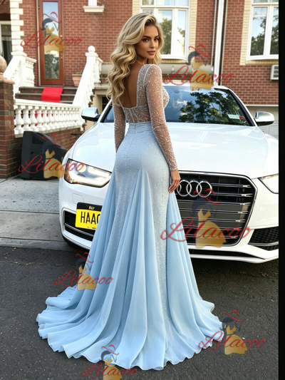 Blue Sequins Long Sleeve Split Prom Dress