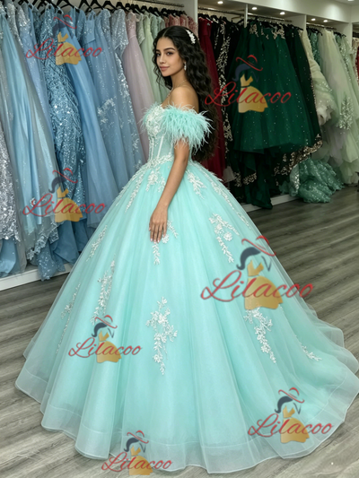 Blue Tulle Off the Shoulder Appliques Quinceanera Dress