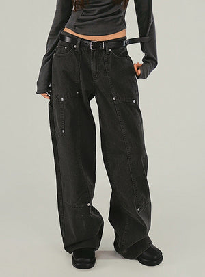 Retro Buttoned Black Low-waisted Jeans