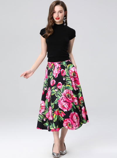 Short-sleeved Knitted Shirt Printed Skirt Suit