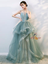Green Tulle Spaghetti Straps Prom Dress