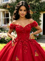 Red Off the Shoulder Appliques Quinceanera Dress