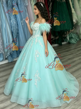 Blue Tulle Off the Shoulder Appliques Quinceanera Dress