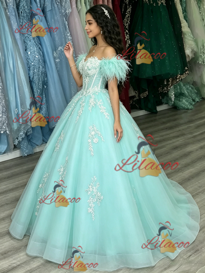 Blue Tulle Off the Shoulder Appliques Quinceanera Dress