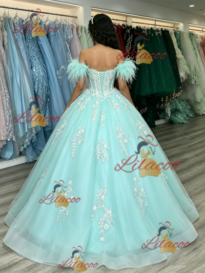 Blue Tulle Off the Shoulder Appliques Quinceanera Dress