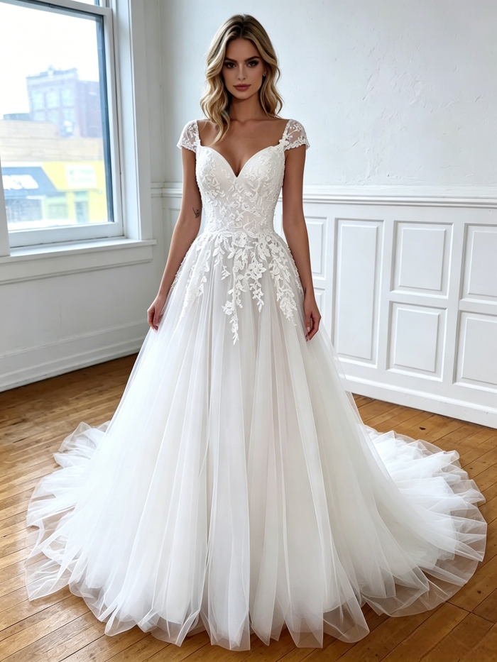White Tulle Lace Appliques Wedding Dress