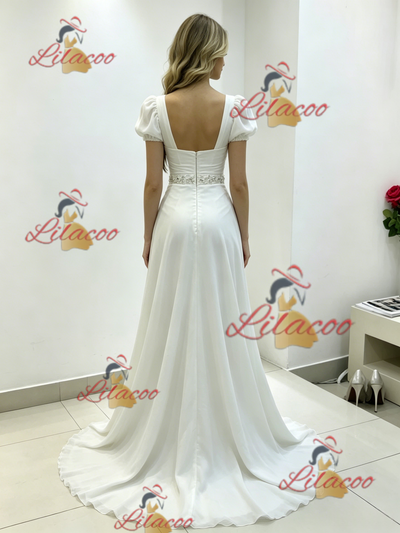 White Square Neck Pleats Beading Wedding Dress