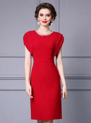 Red Pleats Beading Mother Of The Bride Dress