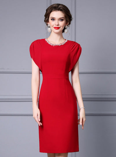 Red Pleats Beading Mother Of The Bride Dress