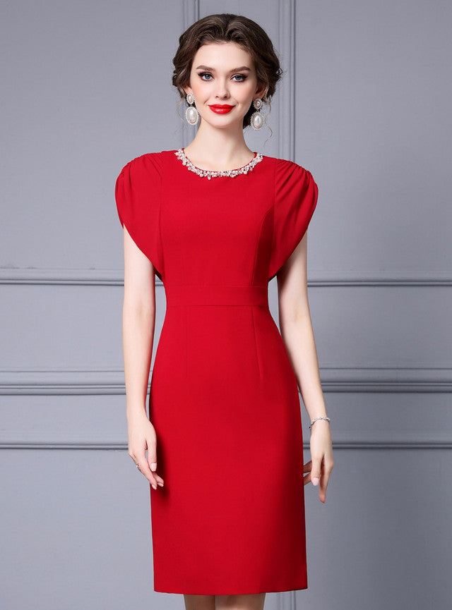 Red Pleats Beading Mother Of The Bride Dress