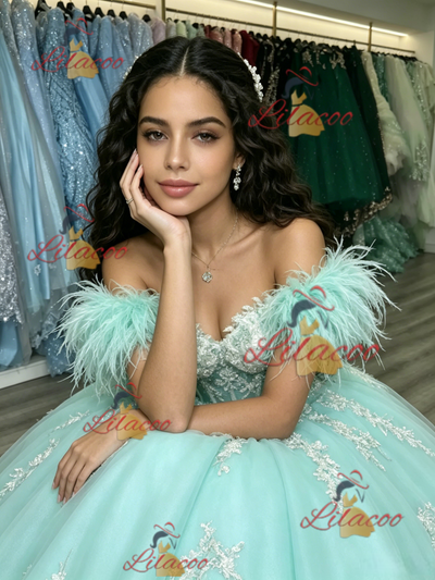 Blue Tulle Off the Shoulder Appliques Quinceanera Dress