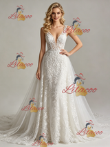 White Lace V-neck Wedding Dress