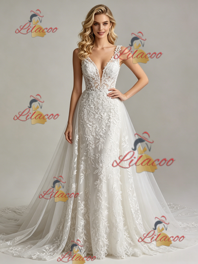 White Lace V-neck Wedding Dress