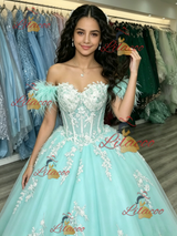Blue Tulle Off the Shoulder Appliques Quinceanera Dress