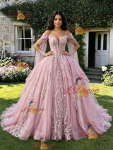 Pink Off the Shoulder Appliques Quinceanera Dress
