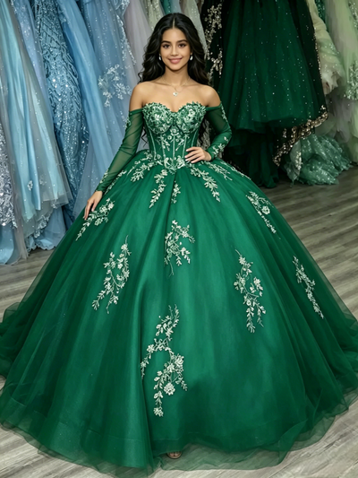 Green Tulle Off the Shoulder Appliques Quinceanera Dress