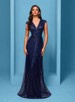 Navy Blue Sequins V-neck Prom Dress