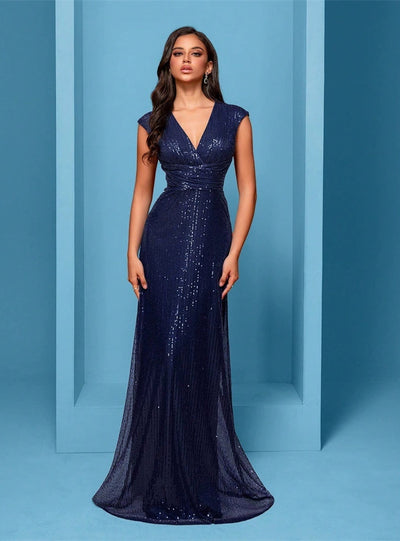Navy Blue Sequins V-neck Prom Dress