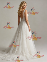 White Lace V-neck Wedding Dress