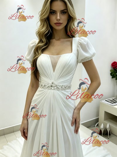 White Square Neck Pleats Beading Wedding Dress