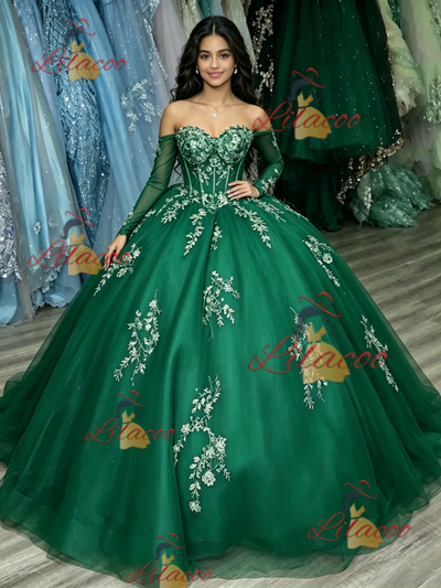 Green Tulle Off the Shoulder Appliques Quinceanera Dress