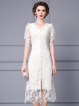 V-neck Lace Short Sleeve Mother Of The Bride Dress