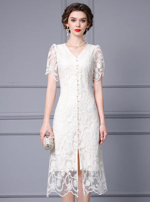 V-neck Lace Short Sleeve Mother Of The Bride Dress