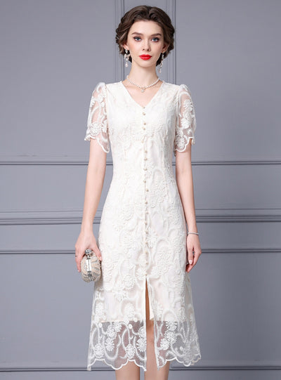 V-neck Lace Short Sleeve Mother Of The Bride Dress