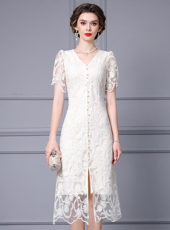 V-neck Lace Short Sleeve Mother Of The Bride Dress