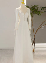 White Satin V-neck Long Sleeve Wedding Dress