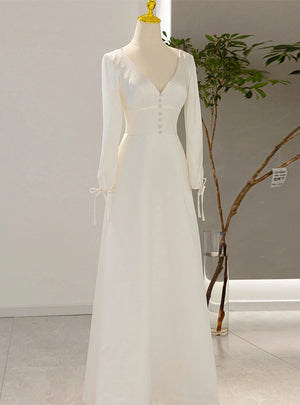White Satin V-neck Long Sleeve Wedding Dress