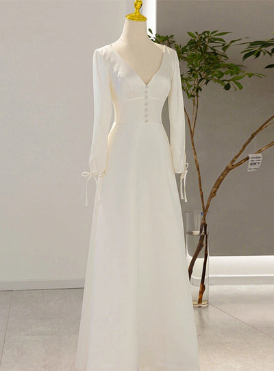 White Satin V-neck Long Sleeve Wedding Dress