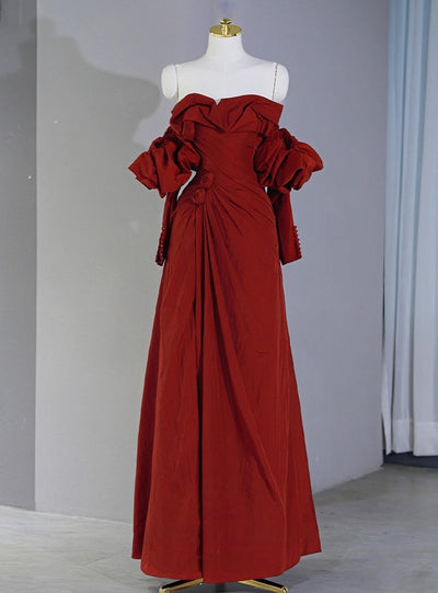 Burgundy Long Sleeve Pleats Prom Dress
