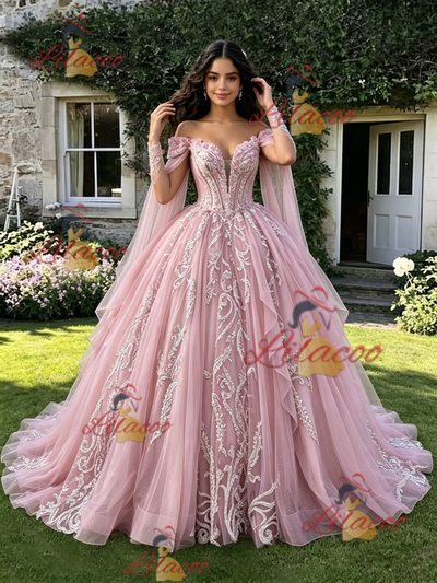 Pink Off the Shoulder Appliques Quinceanera Dress