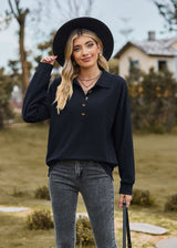 Solid Color Lapel Button Loose Long Sleeve Top