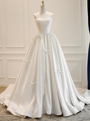 Simple White Satin Strapless Bow Wedding Dress