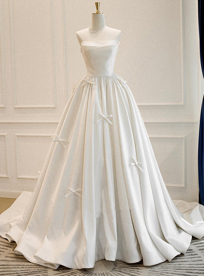 Simple White Satin Strapless Bow Wedding Dress