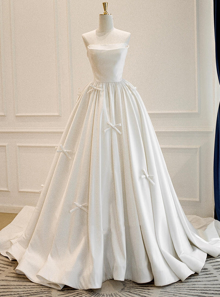 Simple White Satin Strapless Bow Wedding Dress